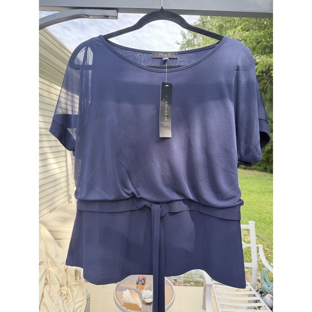 Atelier 29 Women's Large Navy Blue Sheer Layered Tie Waist Blouse Top NWT.  5325